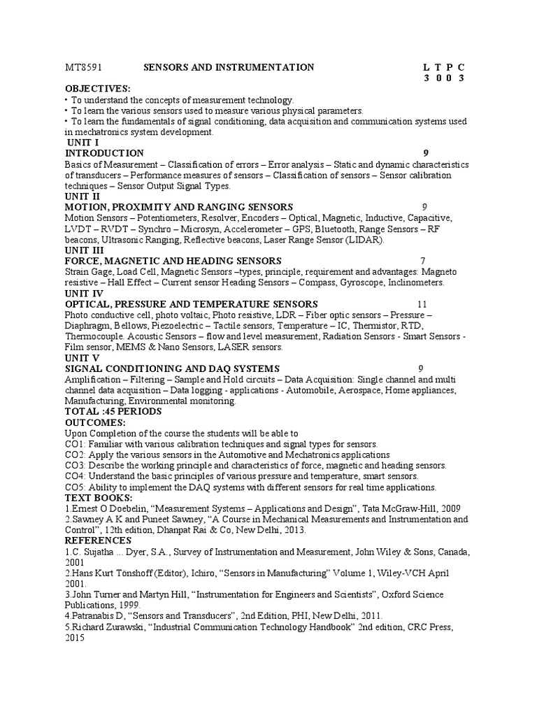 Sensors and Instrumentation Course Guide | PDF | Sensor | Measuring ...