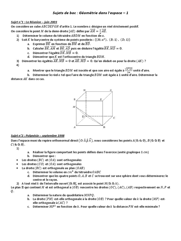 Exercice Type Bac Geometrie Dans L Espace TS Sujets Bac Espace | PDF | Plan (Géométrie) | Coordonnées cartésiennes