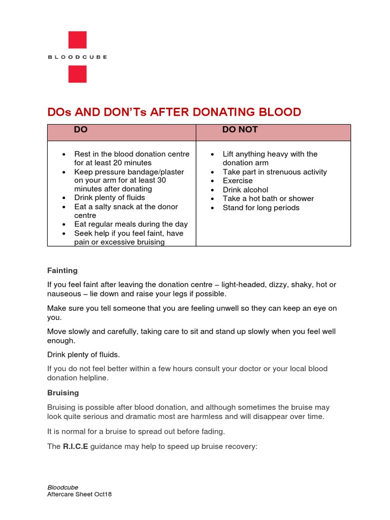 Dos and Don'Ts After Donating Blood DO Do Not PDF Blood Donation