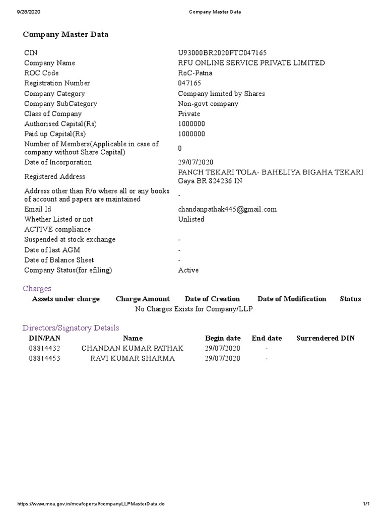 Company Master Data: Charges | PDF