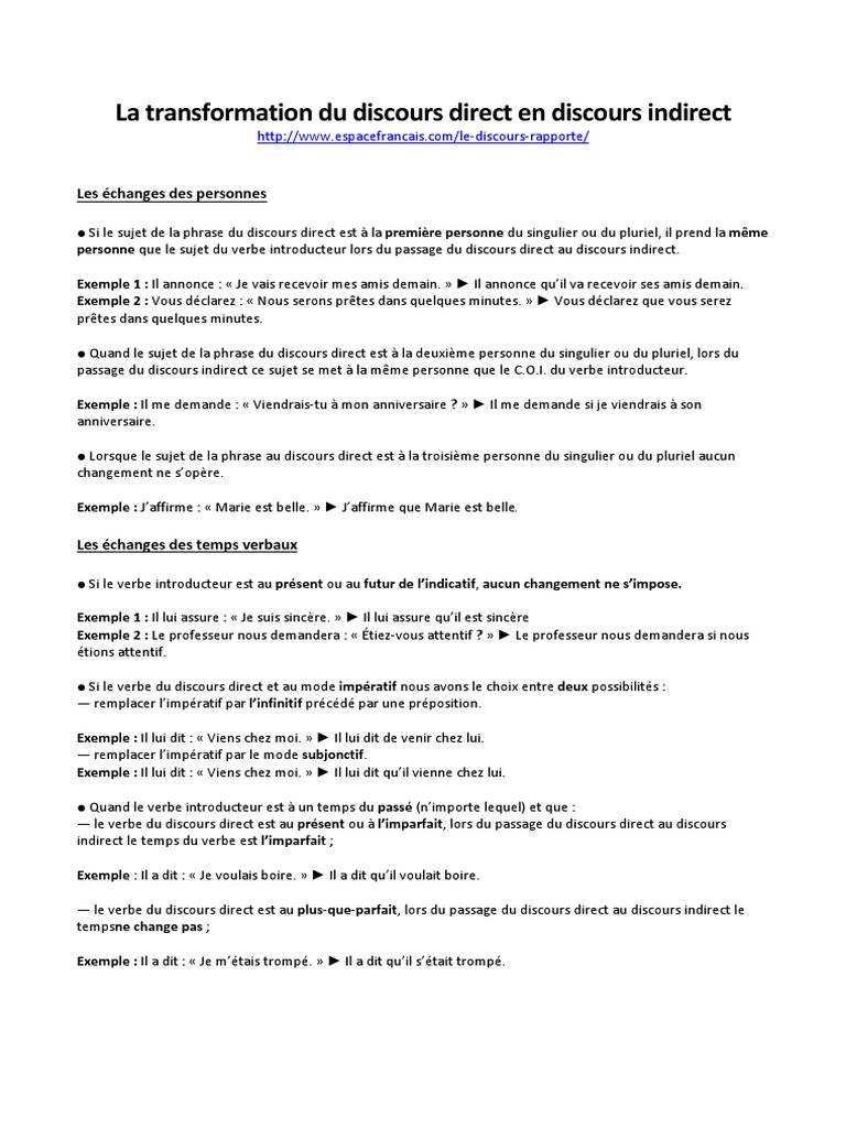 La Transformation Du Discours Direct En Discours Indirect Pdf Pdf Verbe Phrase