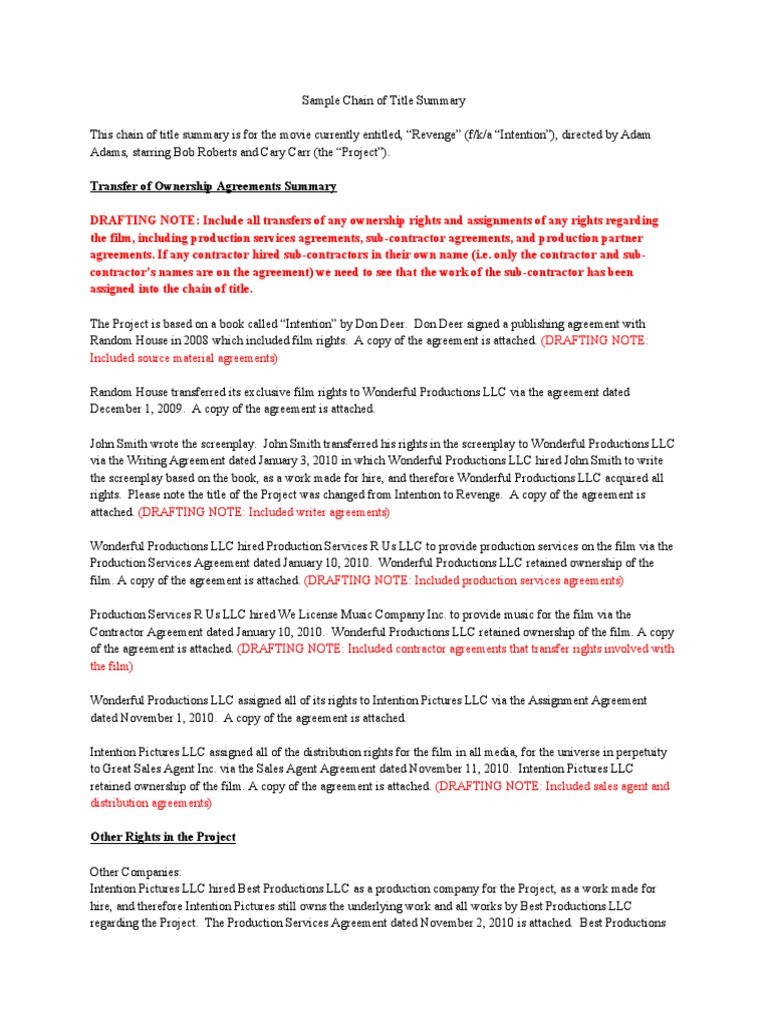 Chain of Title Summary for Revenge Film PDF Copyright Intellectual Property Law