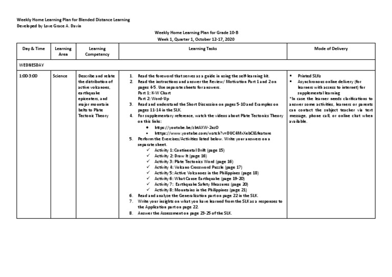 Grade 10 Weekly Learning Plan: Science | PDF | Plate Tectonics | Learning