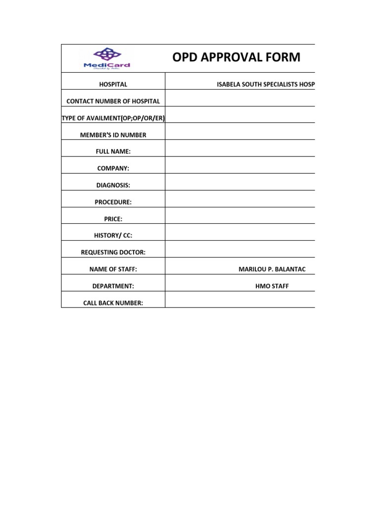 Isabela South Hospital OPD Approval Form | PDF
