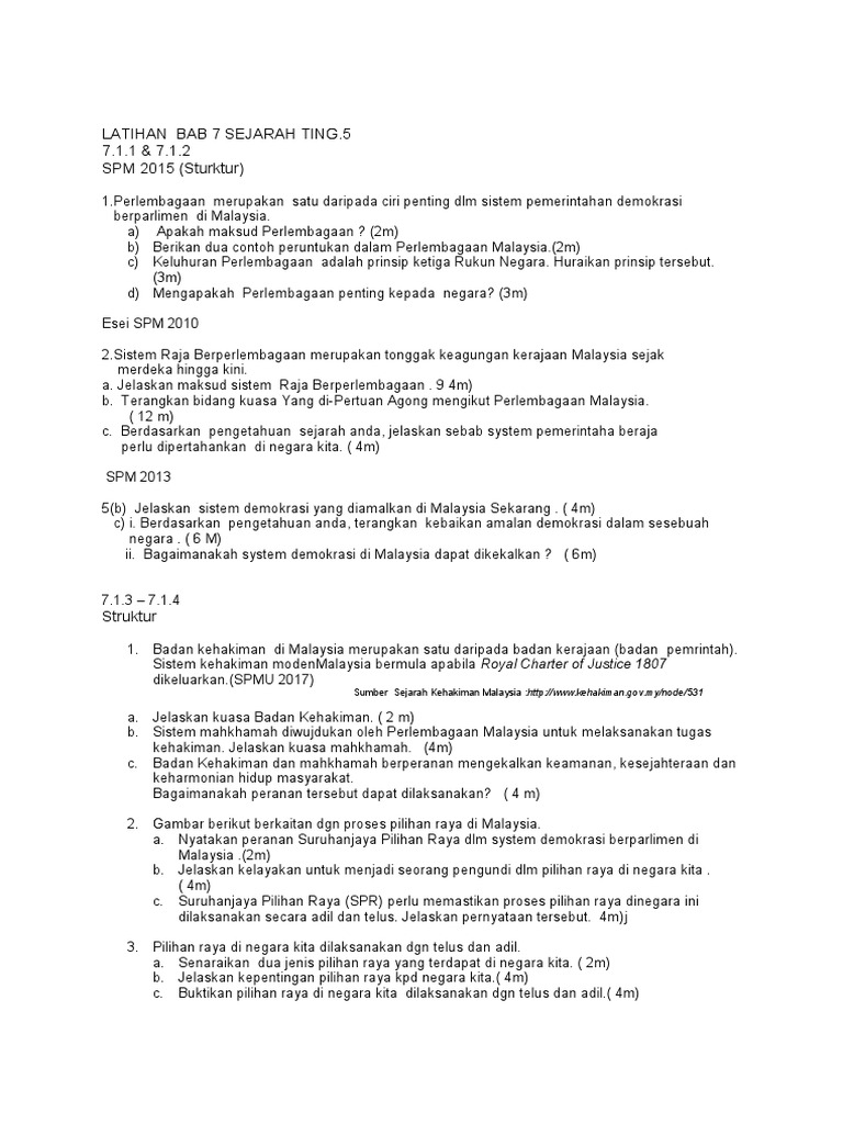 Latihan Bab 7 Sejarah Ting 1