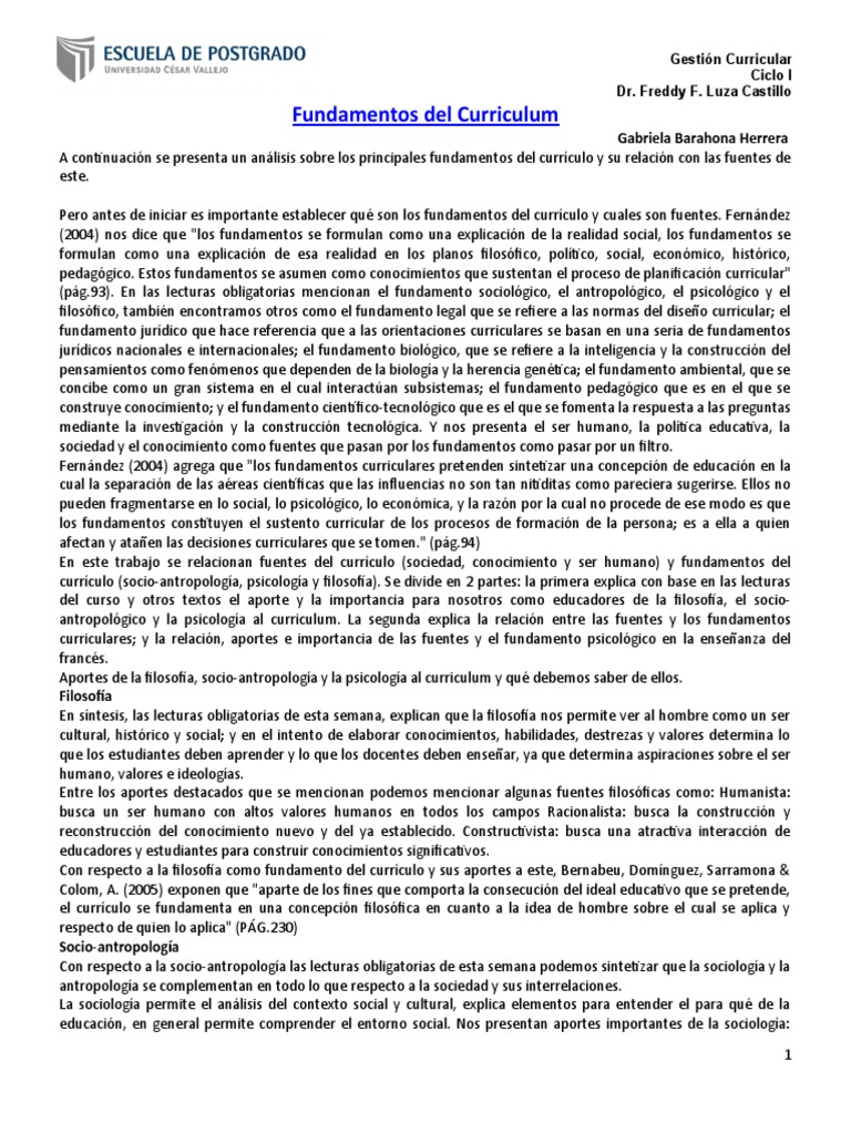 1 Fundamentos Del Curriculum | PDF | Plan de estudios | Aprendizaje