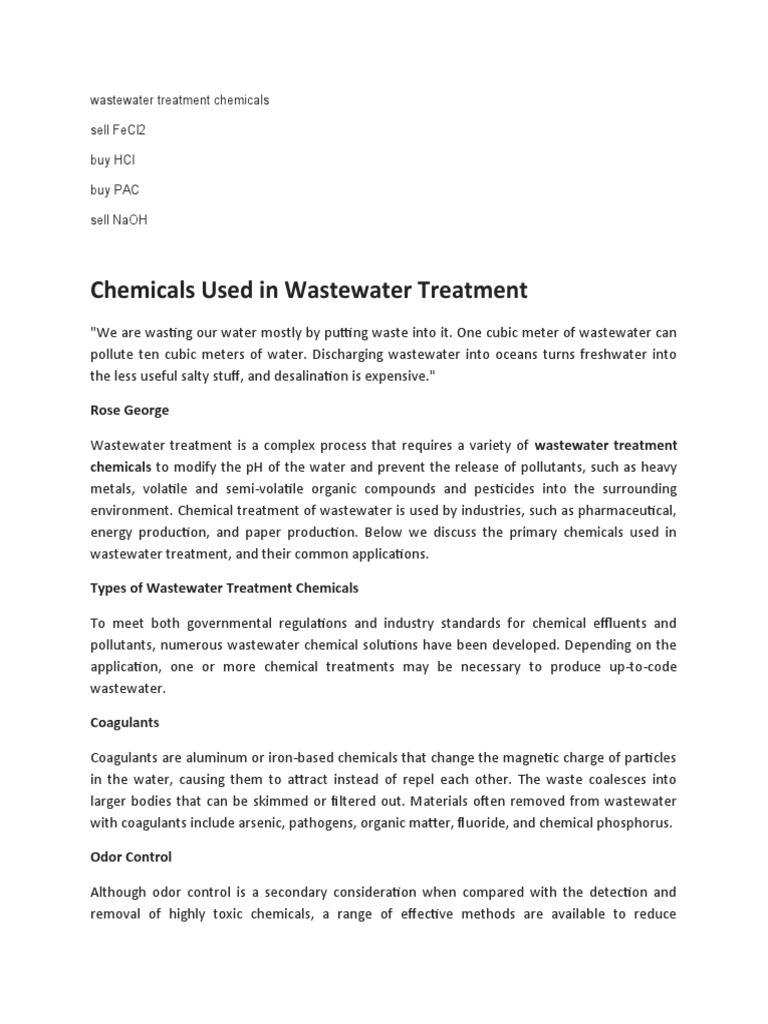 Wastewater Treatment Chemicals Guide | PDF | Sewage Treatment | Water