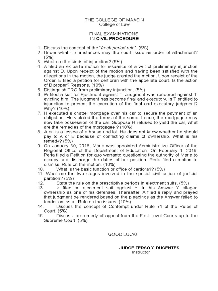 Civil Procedure Final Exam Questions | PDF | Lawsuit | Injunction