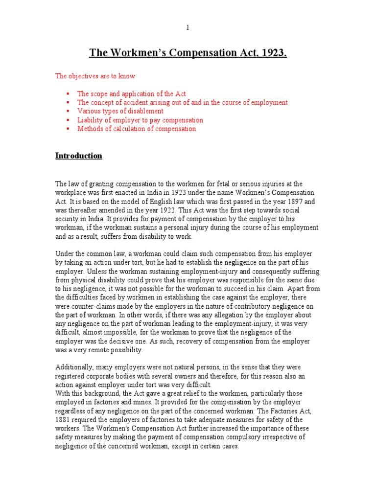 The Workmen's Compensation Act PDF Workers' Compensation Damages