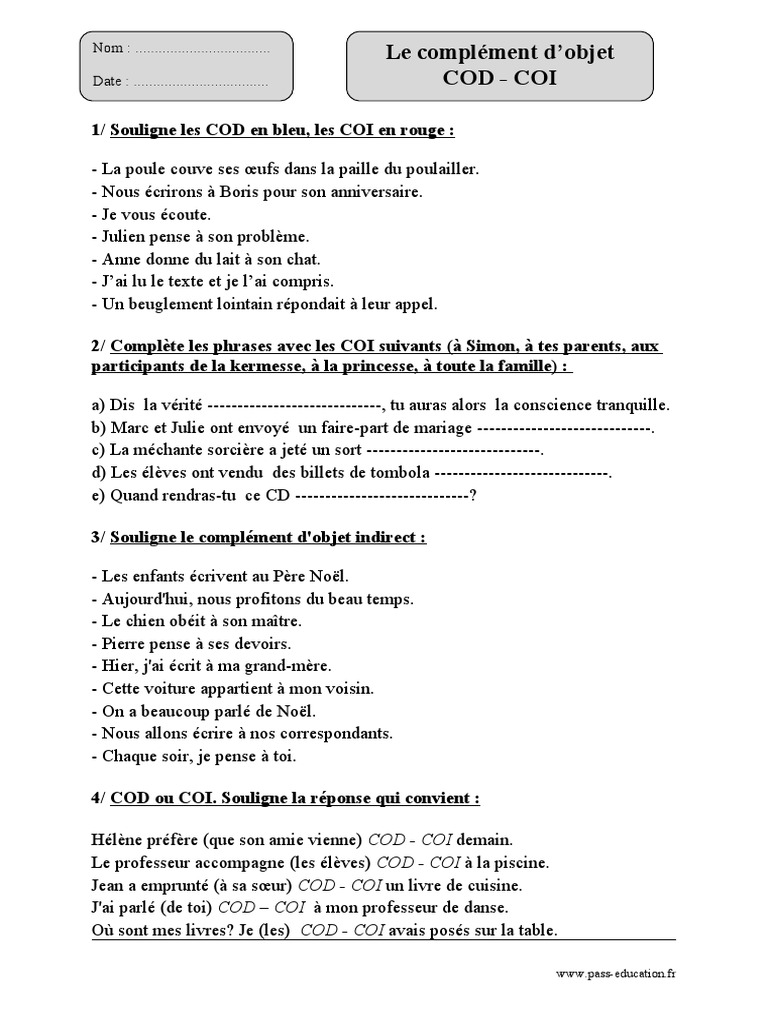 Exercices Cod Coi à Imprimer COD COI Cm1 Exercices À Imprimer | PDF