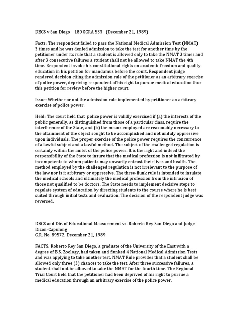DECS V San Diego Case Digest PDF University And College Admission