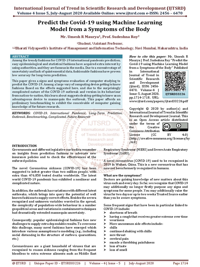 Predict The Covid 19 Using Machine Learning Model From A Symptoms of ...