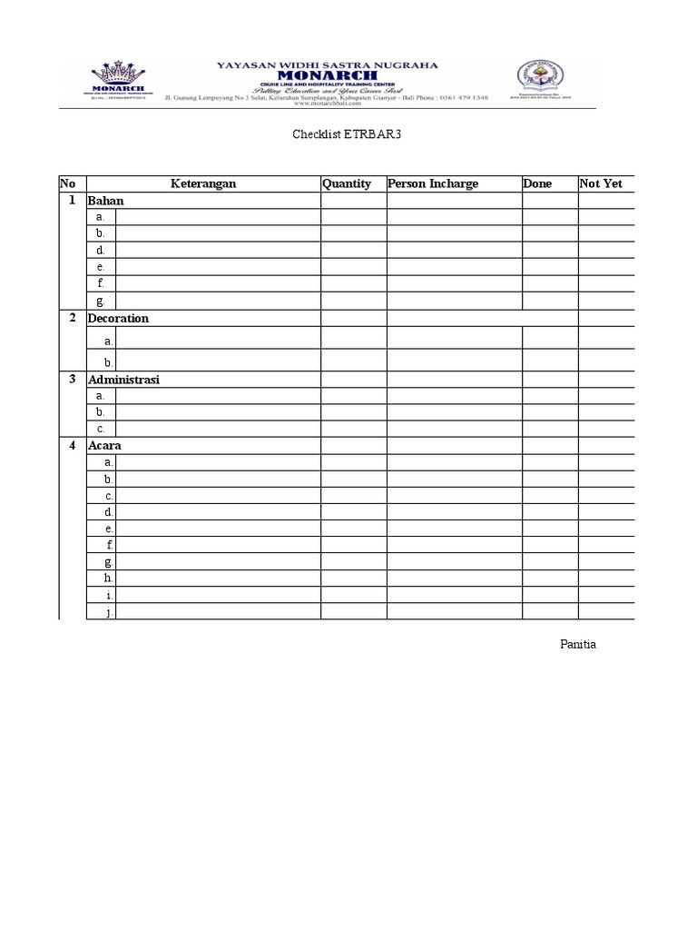Checklist ETRBAR3: No Keterangan Quantity Person Incharge Done Not Yet ...