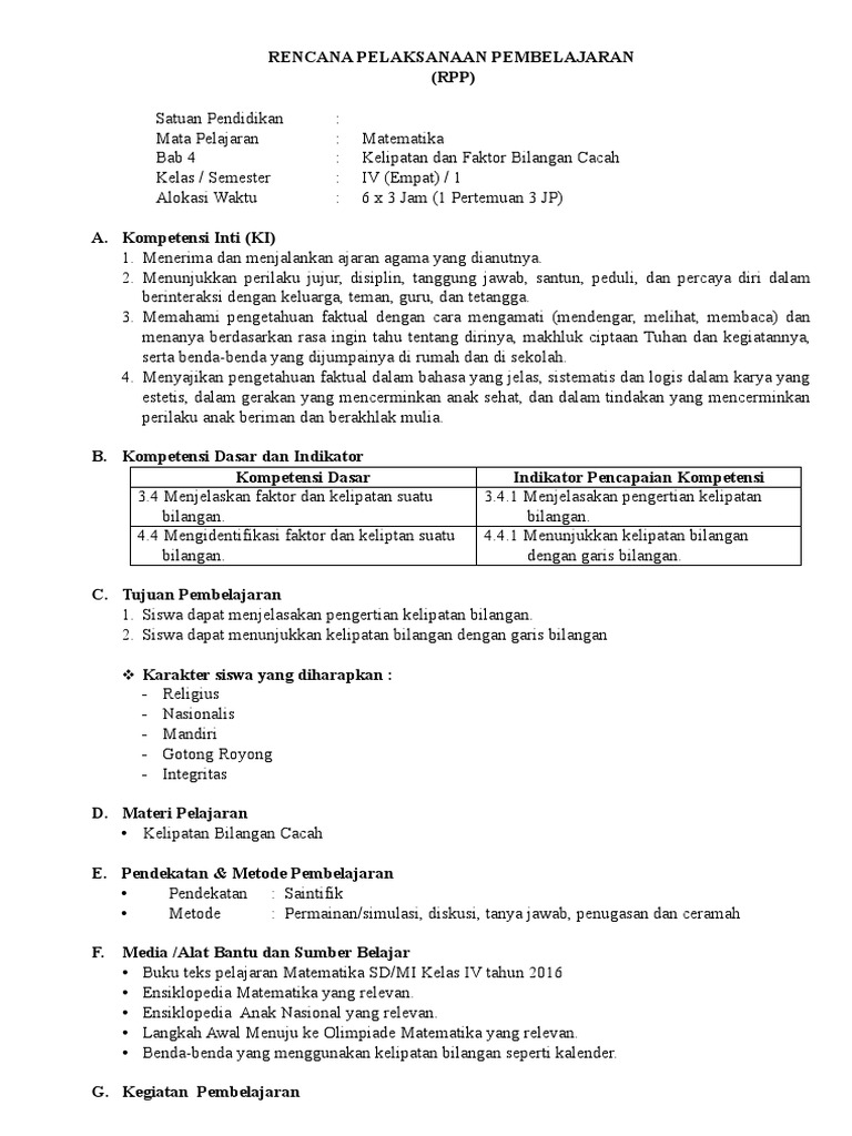 Kd 3 4 Rpp Mat Kelipatan Dan Faktor Bilangan Cacah Kls 4 Pdf