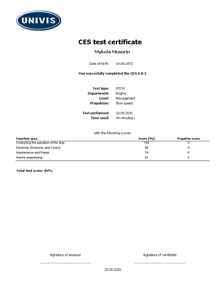 CES 6.0.3 Test Certificate Summary | PDF