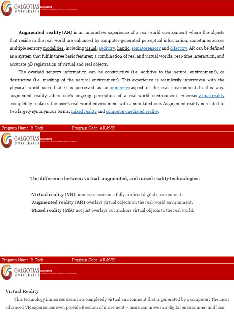 Introduction to AR and VR Technologies | PDF | Augmented Reality ...