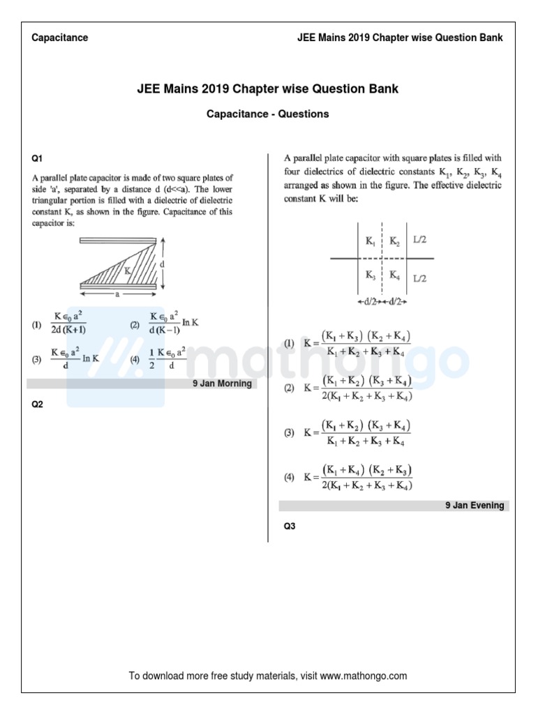JEE Mains 2019 Chapter Wise Question Bank: Capacitance - Questions | PDF
