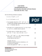 Lords Institute Pure/Add Mathematics Test Chapter: Simultaneous Equation, Remainder and Factor Theorem Total Marks: 50, Time: 1 Hour