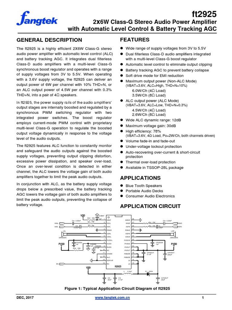 2 6W ClassG Stereo Audio Power Amplifier With Automatic Level Control