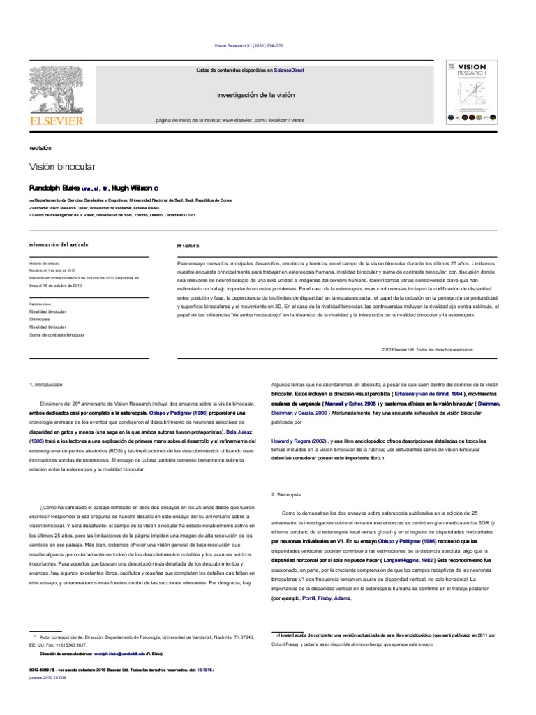 Binocular Vision PDF Corteza visual Percepción visual