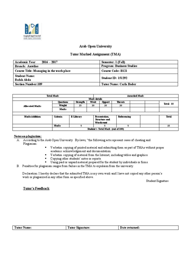 Arab Open University Tutor Marked Assignment (TMA) | PDF | Swot ...