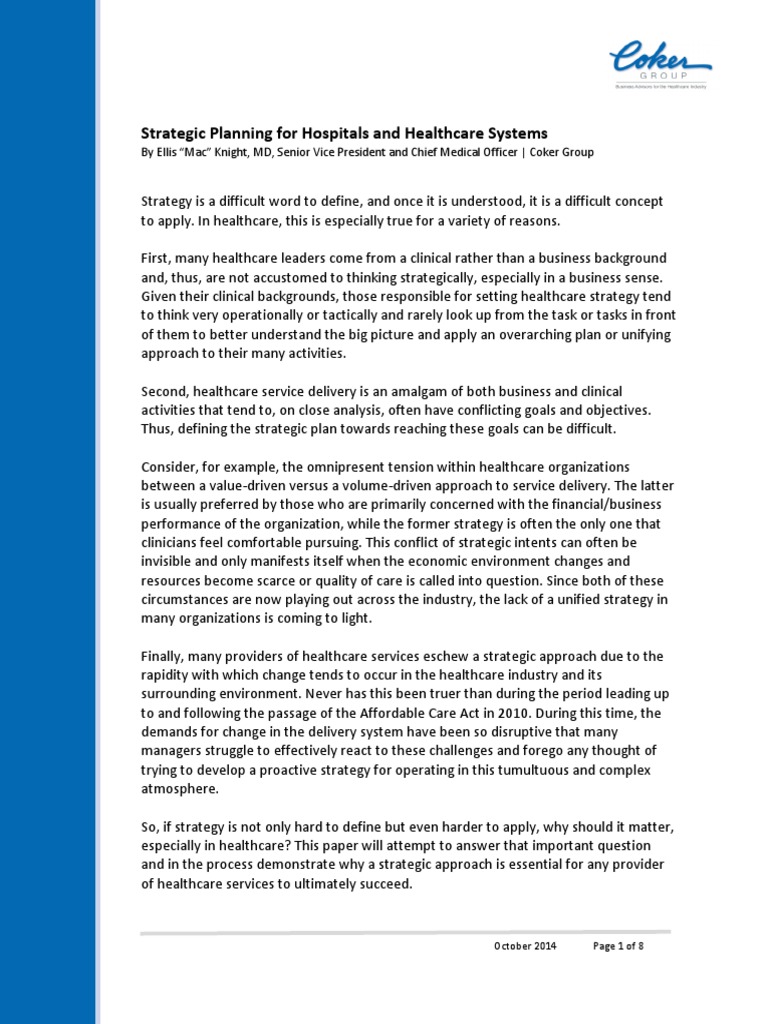 Strategic Planning For Hospitals and Healthcare Systems Example | PDF