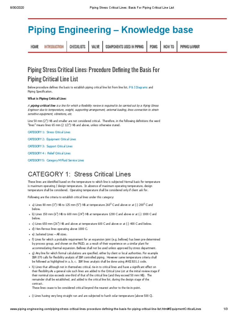 Piping Stress Critical Lines Basis For Piping Critical Line List PDF