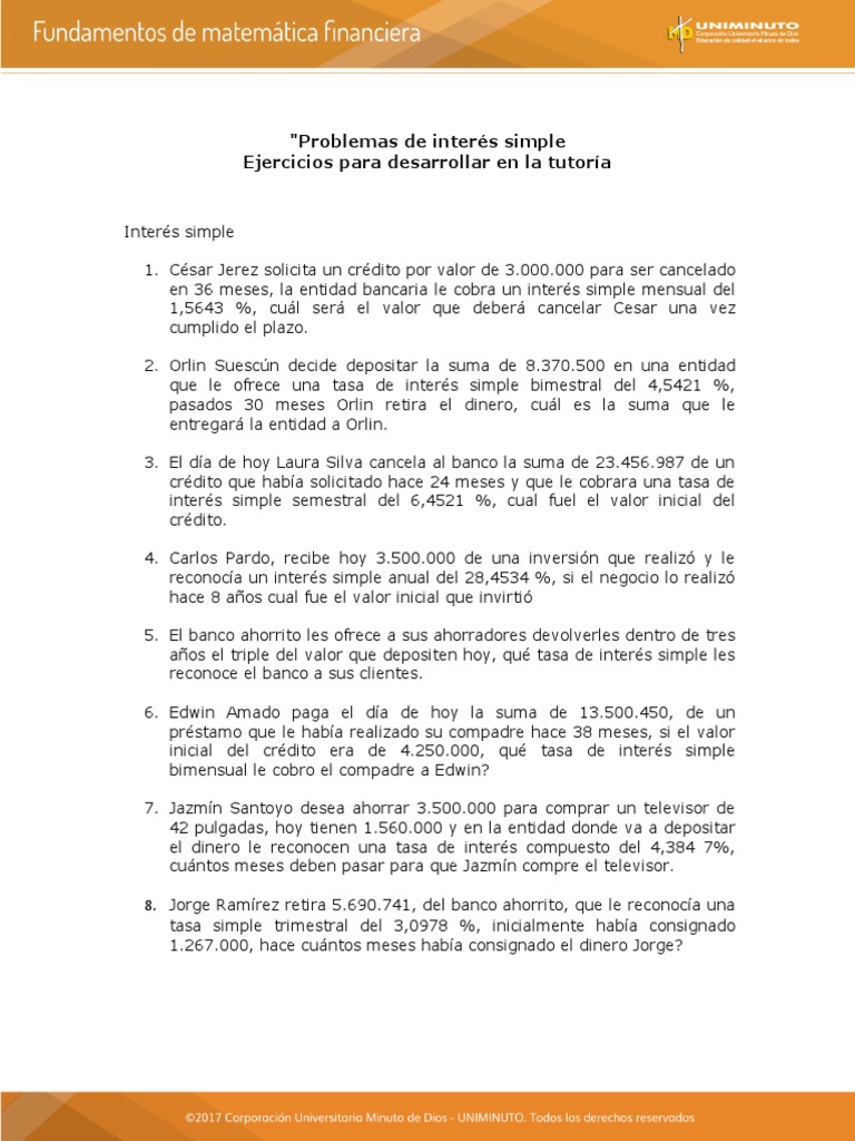 Problemas de Interés Simple Ejercicios para Desarrollar en La Tutoría ...