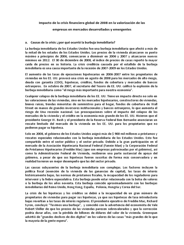 Impacto de La Crisis Financiera Global de 2008 | PDF | Burbuja de ...