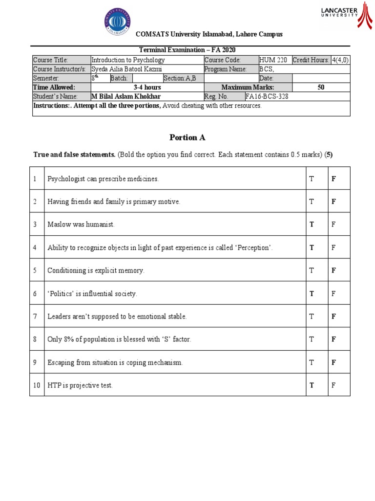 Terminal Examination FA 2020 Introduction To Psychology. Ailia Kazmi