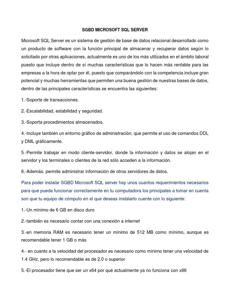 Requisitos para instalar SQL Server 2019 | PDF | Servidor SQL de ...