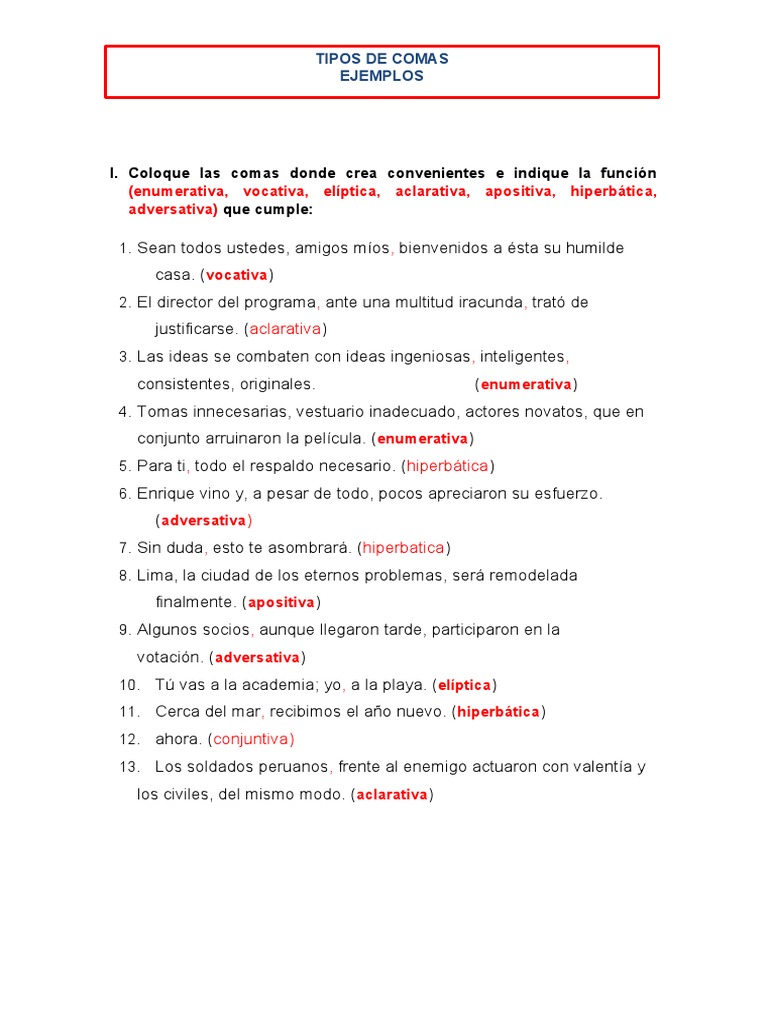 Ejercicios sobre el uso de la coma | PDF | Hogar, jardinería y ...