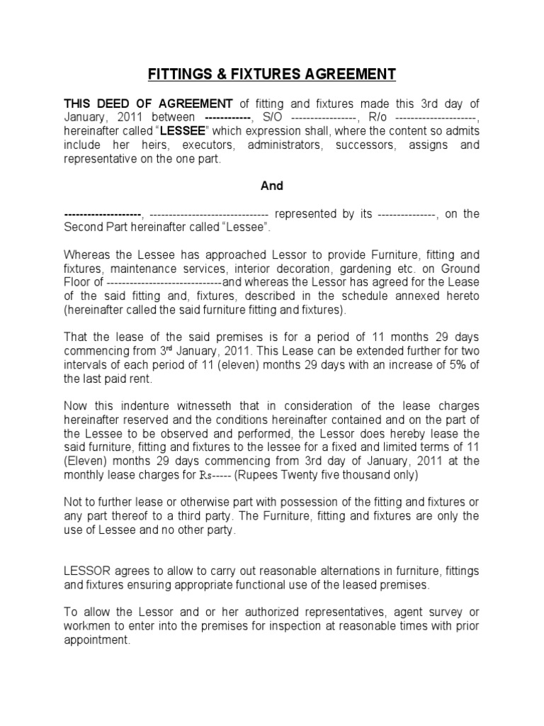 Fitting and Fixtures Lease Agreement PDF