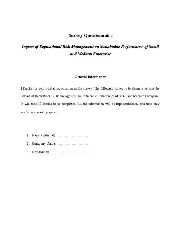 Survey Questionnaire: Impact of Reputational Risk Management On ...