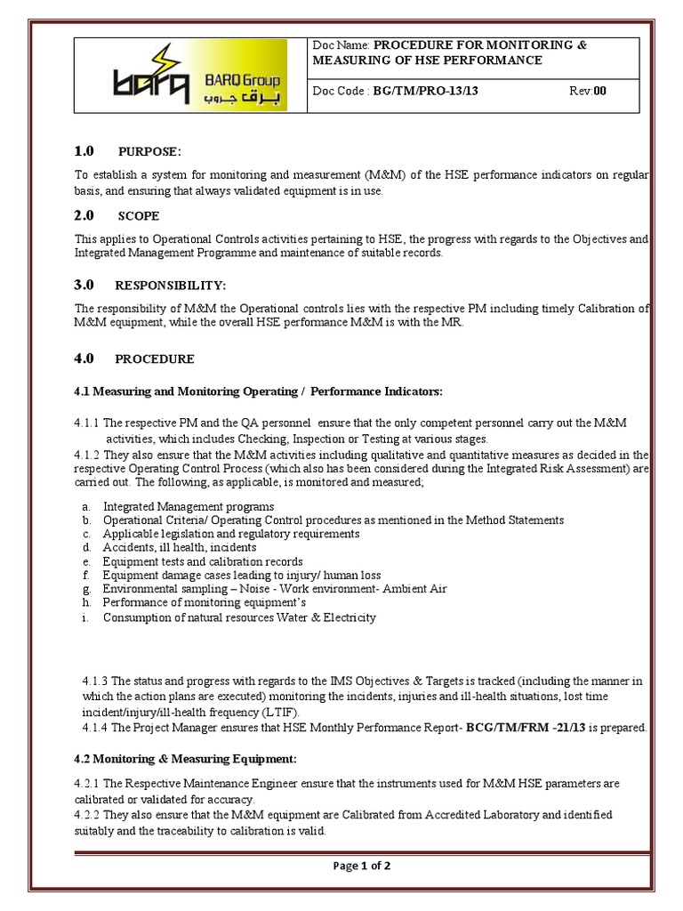 BCGTMPRO1313 HSE Performance & Calibration Procedure PDF Calibration Risk Assessment