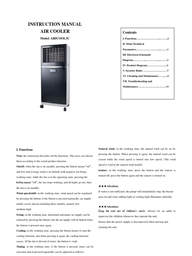 Instruction Manual Air Cooler: Model: ARICOOL3C | PDF | Vacuum Tube ...