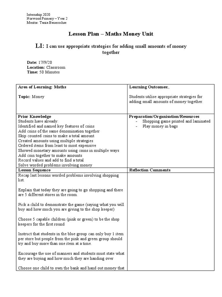 Year 2 Maths Lesson Plan: Money Unit | PDF | Mentorship | Money