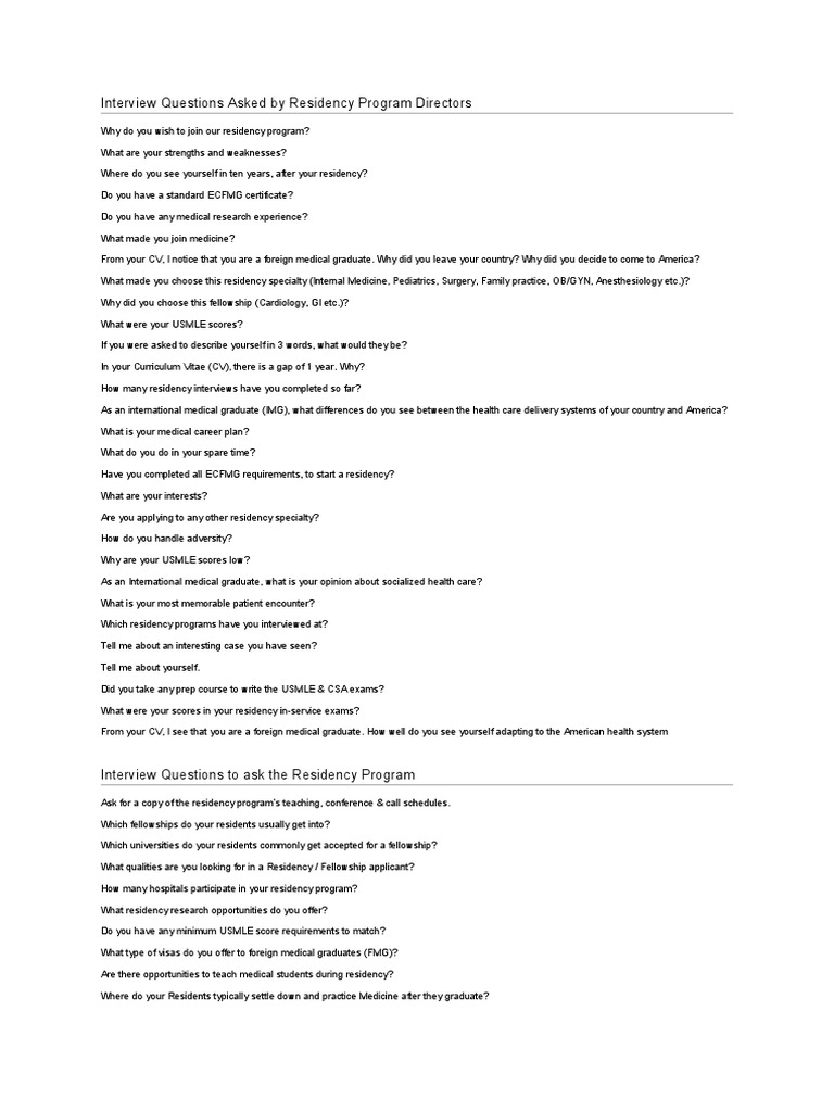 Key Residency Interview Questions | PDF | Residency (Medicine) | United ...