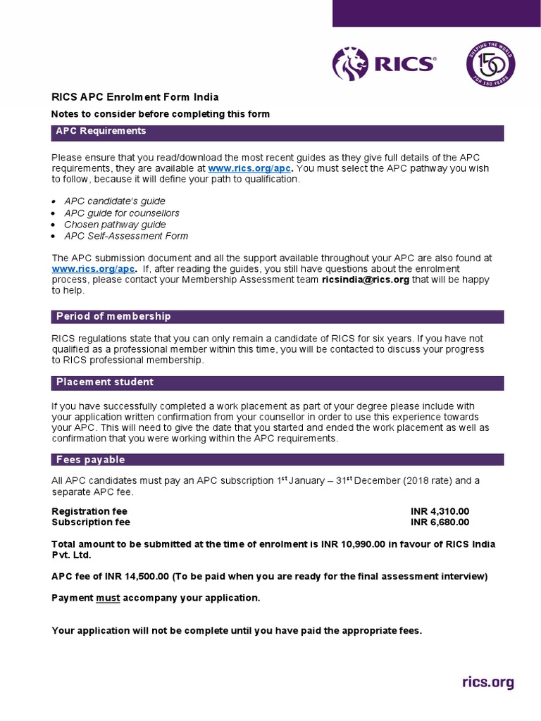 RICS APC Enrolment Form India | PDF | Government | Business