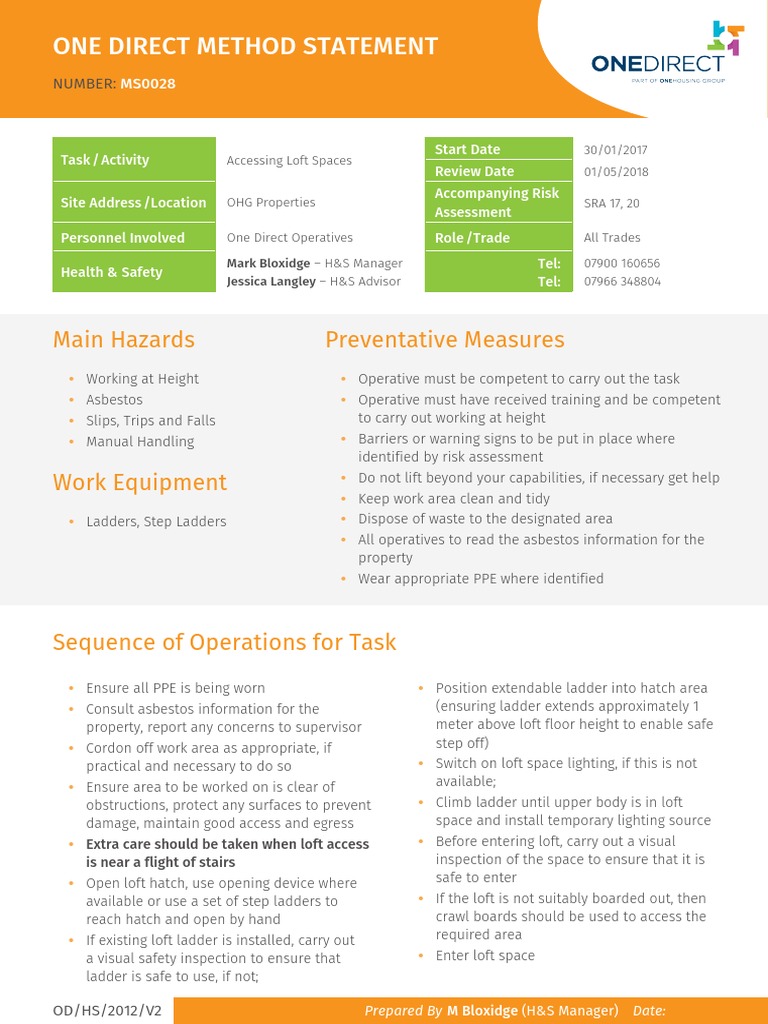 Loft Space Access Method Statement | PDF | Personal Protective ...
