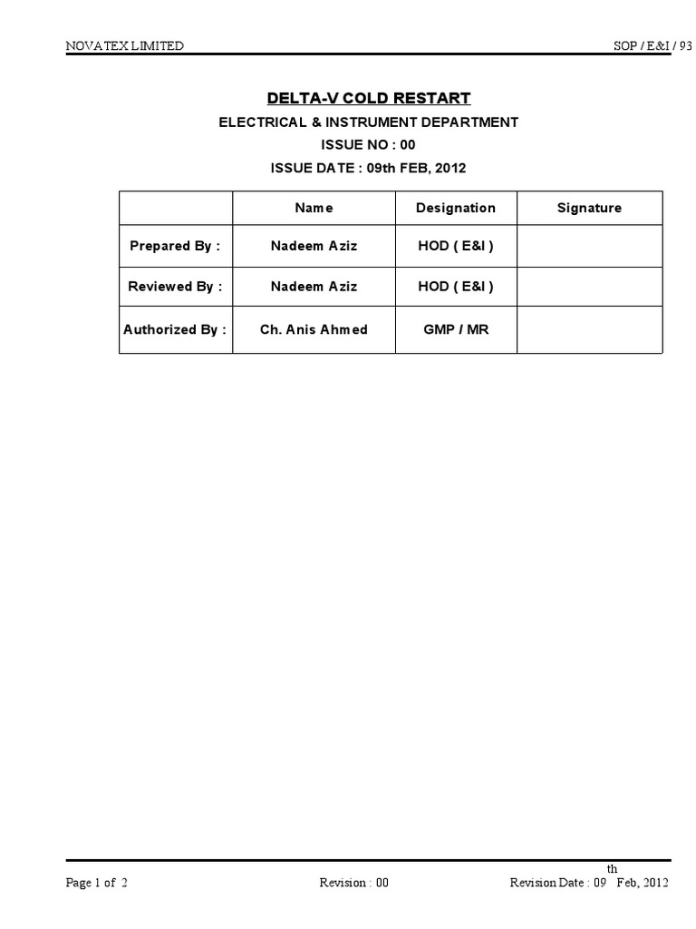 Delta-V Cold Restart SOP | PDF