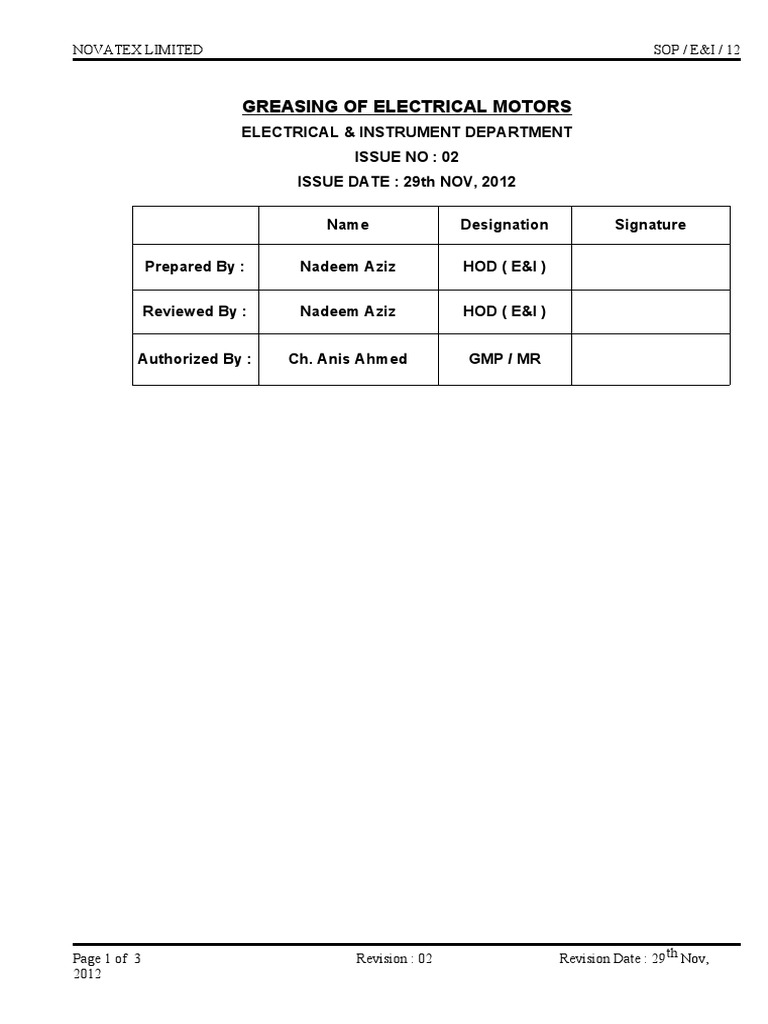 Electric Motor Greasing SOP | PDF | Manufactured Goods | Mechanical ...