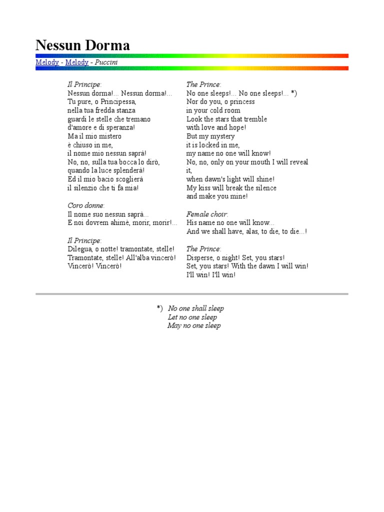 Nessun Dorma Lyrics Pdf