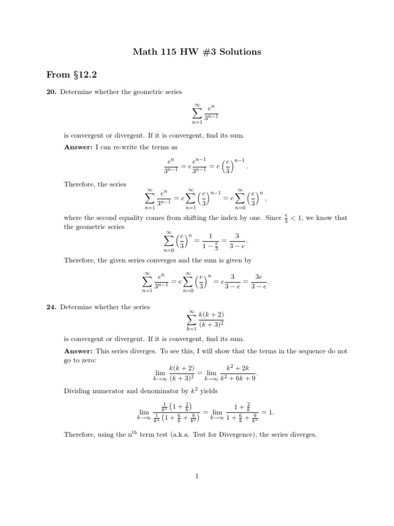 Math 115 HW #3 Solutions From 12.2 | PDF | Series (Mathematics) | Analysis