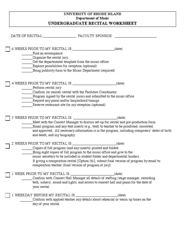 Undergraduate Recital Worksheet: University of Rhode Island Department ...