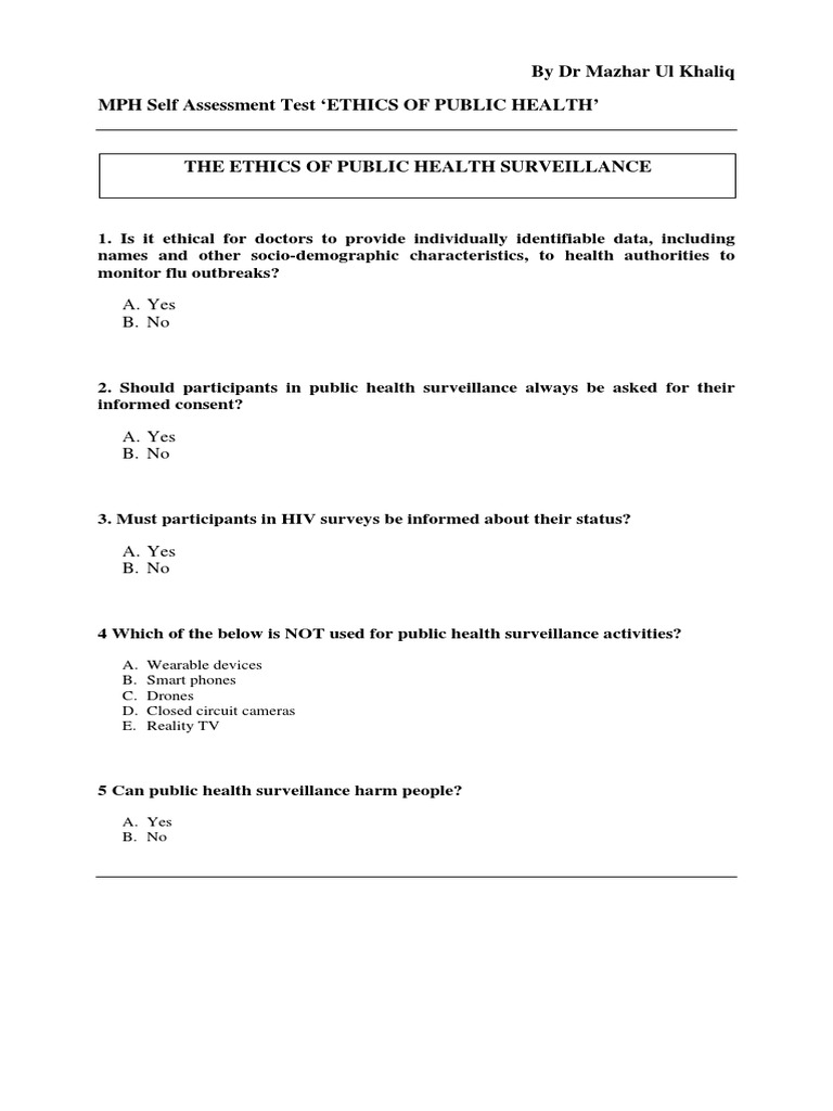 Ethics of Public Health Surveillance MCQs | PDF | Surveillance | Public ...
