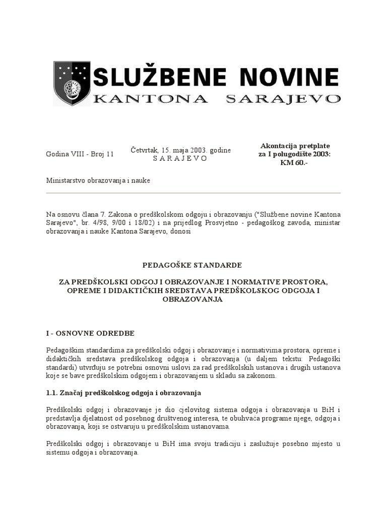 Pedagoski Standardi Za Predskolski Odgoj I Obrazovanje I Normativima ...