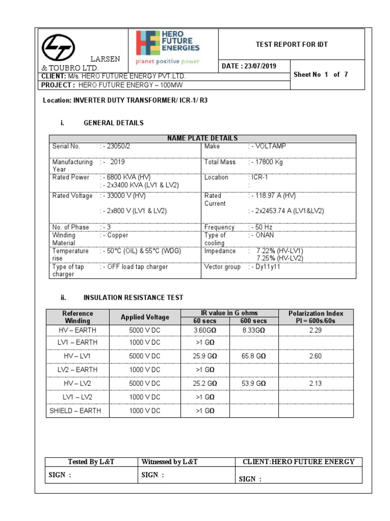 IDT Transformer Test Report Summary | PDF | Transformer | Quantity
