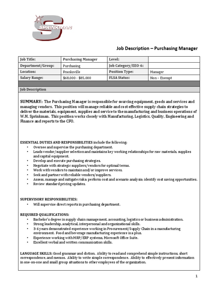 Purchasing Officer Job Description