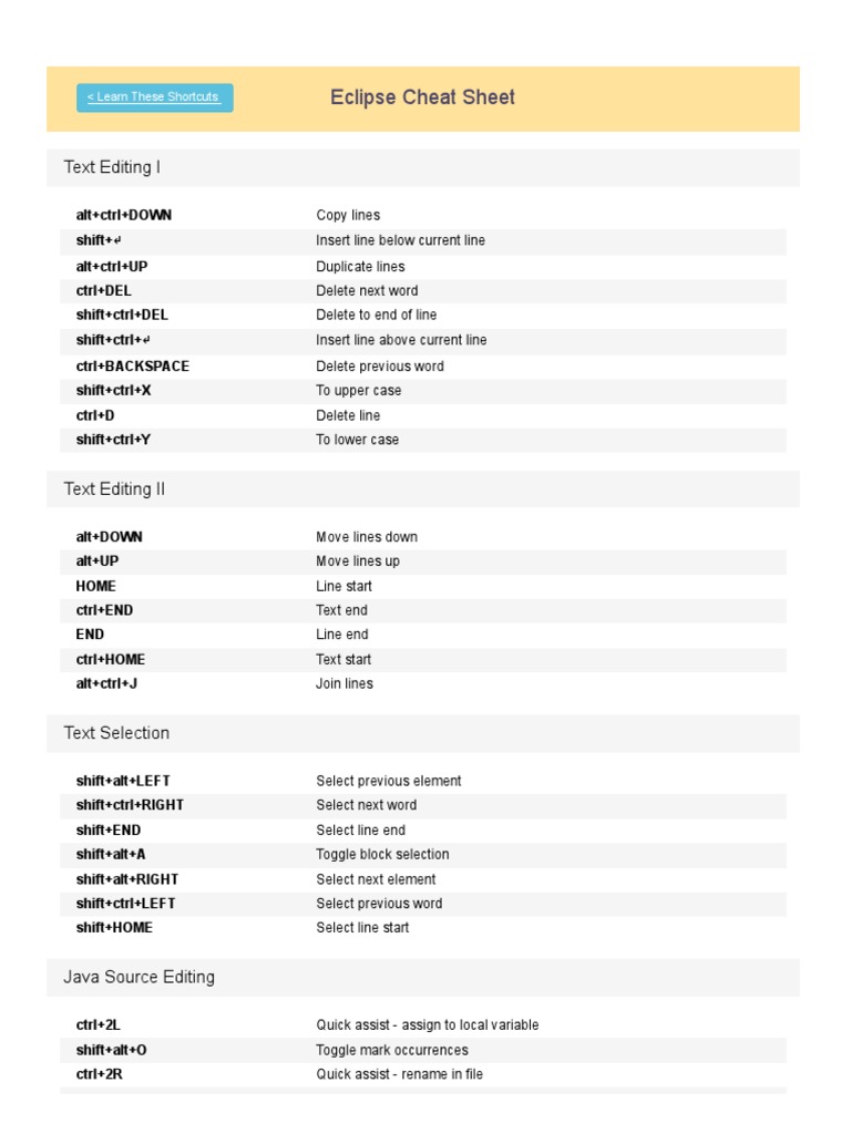 Eclipse Cheat Sheet: Text Editing I | PDF | Eclipse (Software ...